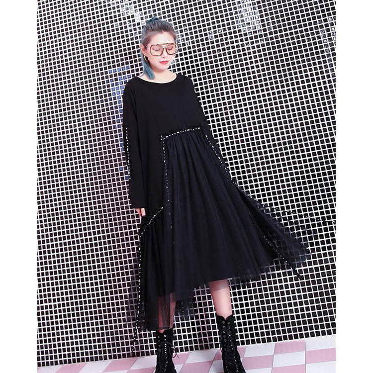 Black Loose Rivet Gauze Splicing Dress-Maxi Dresses-Free Size-Black-Free Shipping at meselling99