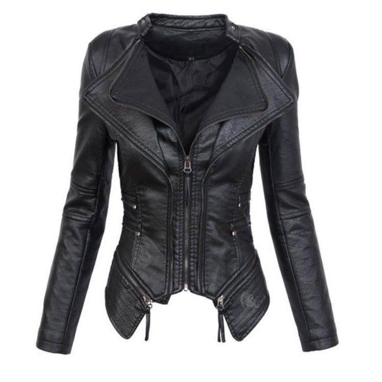 Women PU Leather Zipper Short Jacket Overcoat