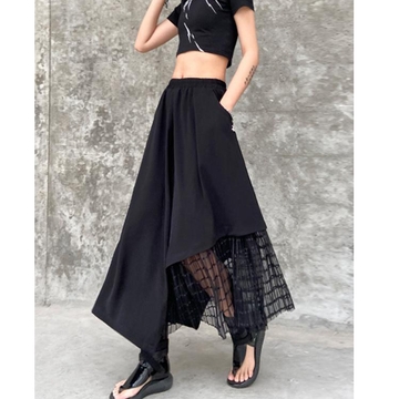 Retro Patchwork Mesh Skirt – High Waist A-Line Skirt with Flowy Design,