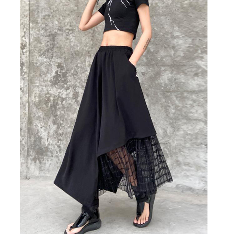 Retro Patchwork Mesh Skirt – High Waist A-Line Skirt with Flowy Design,