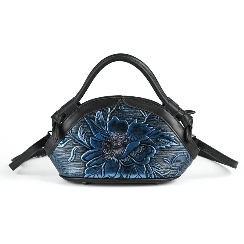 Women's Vintage Genuine Leather Handbag - Embossed Handmade Shoulder Bag