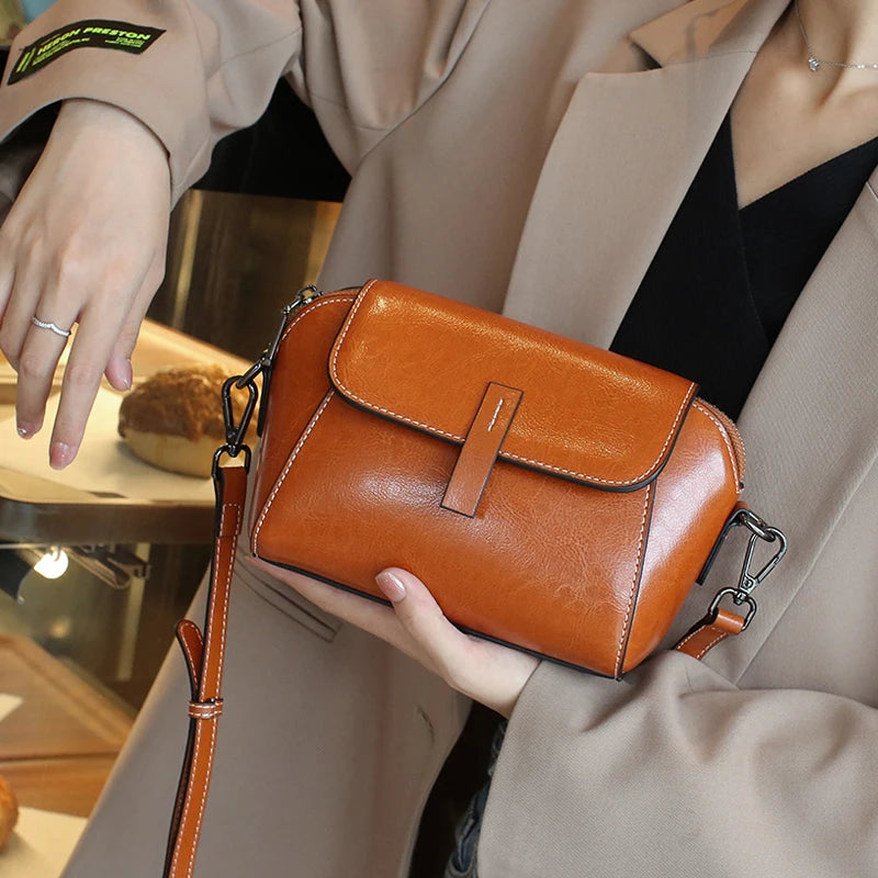Oil Wax Cowhide Leather Crossbody Bag - Fashionable Versatile Shoulder Shell Handbag