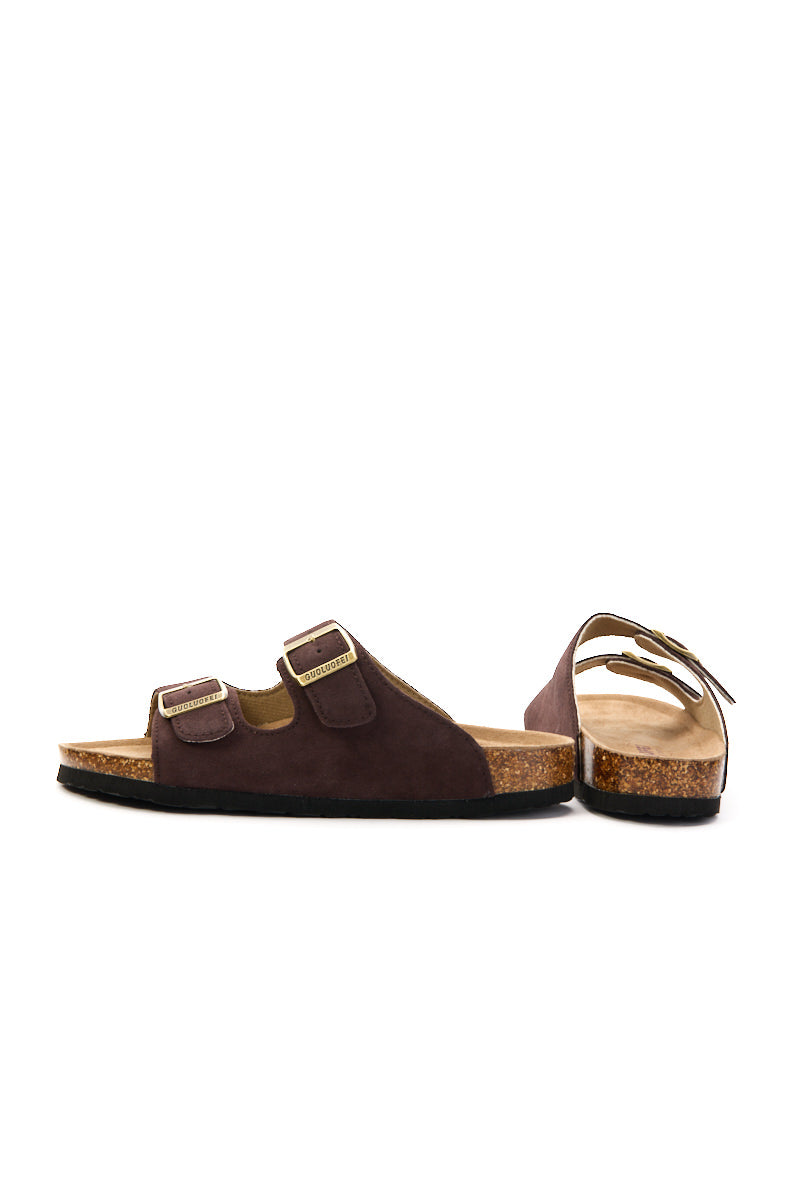 Double Strap Suede Footbed Sandal - Brown