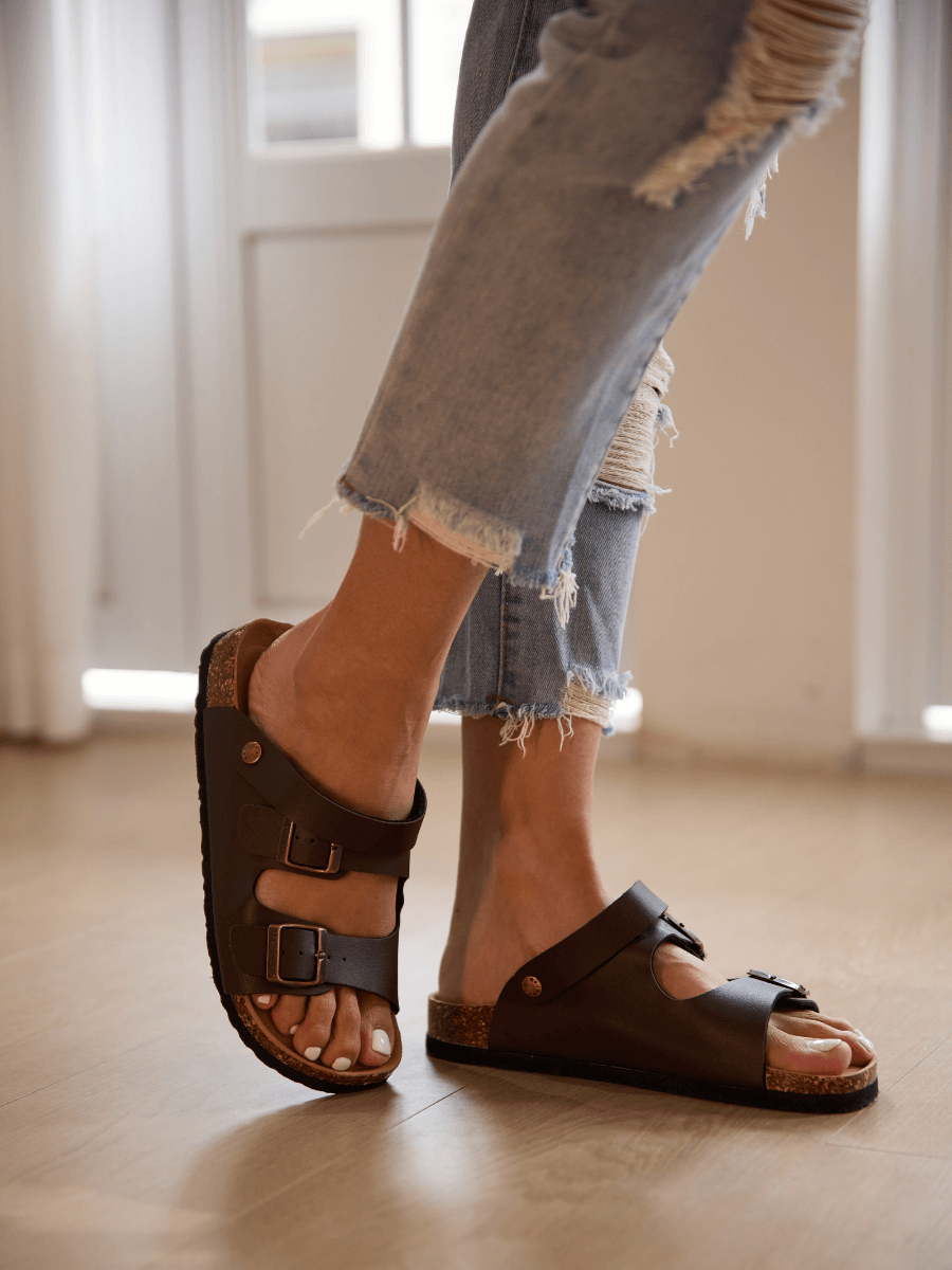 Double Strap Slingback Footbed Sandal - Brown