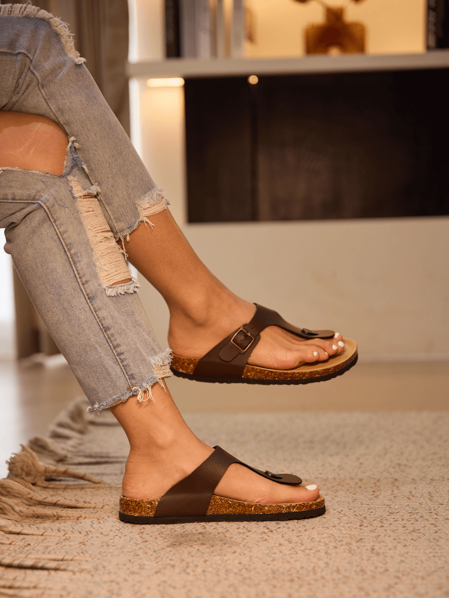 T-Strap Footbed Sandal - Brown