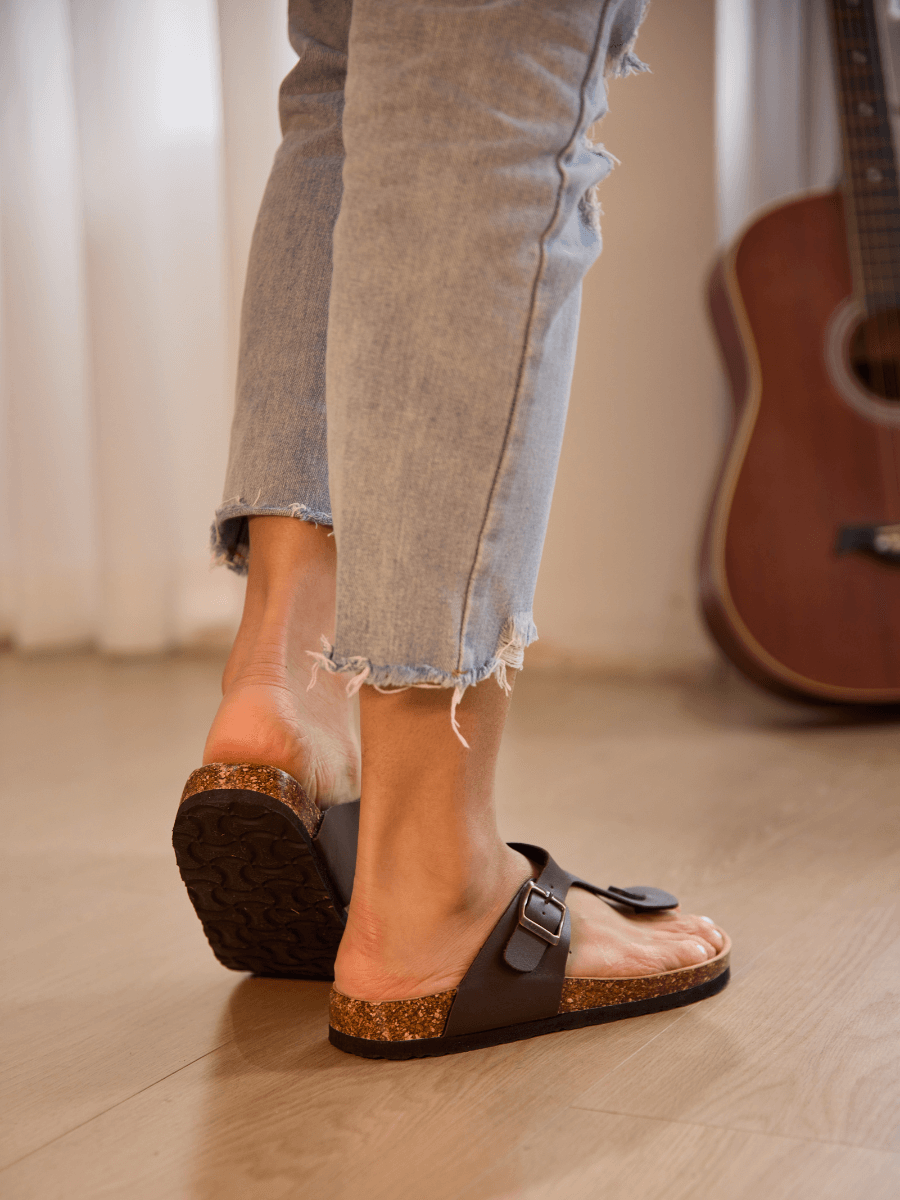 T-Strap Footbed Sandal - Brown