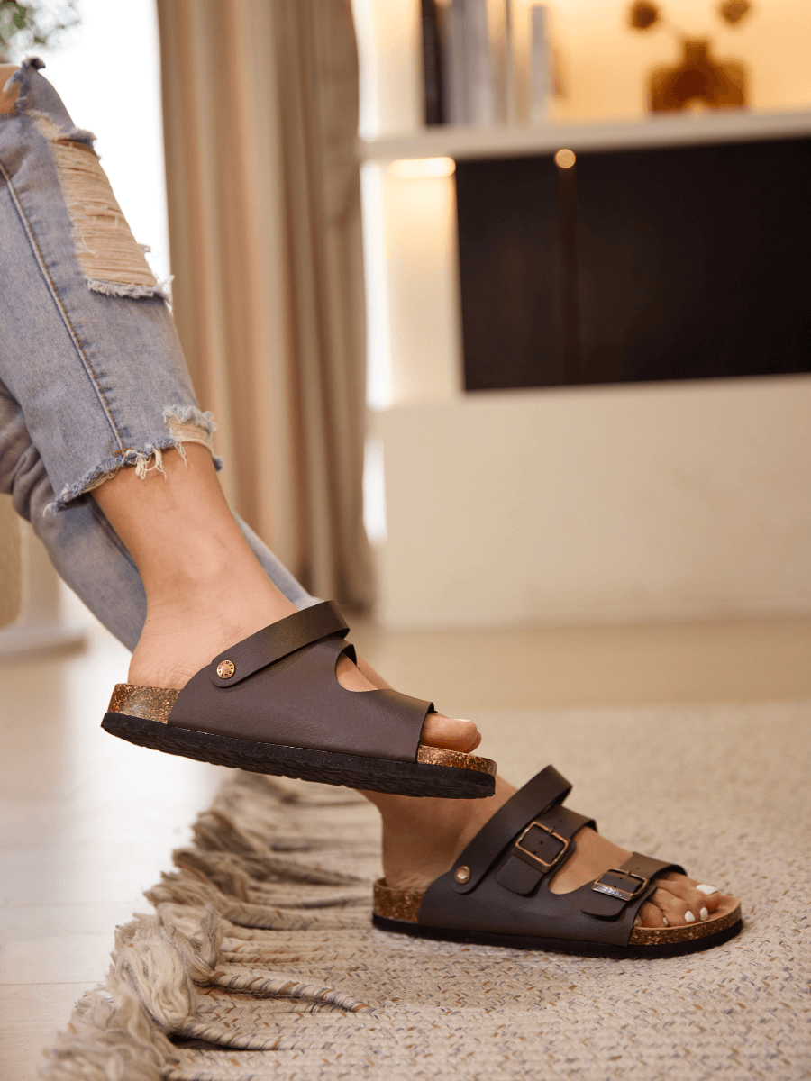 Double Strap Slingback Footbed Sandal - Brown