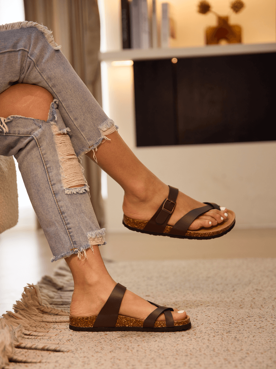 Criss Cross Thong Toe Footbed Sandal - Brown