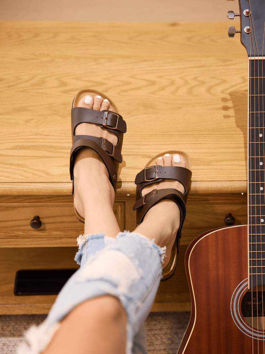 Double Strap Slingback Footbed Sandal - Brown