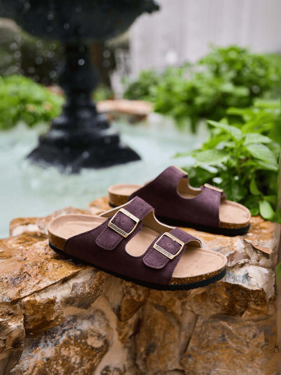 Double Strap Suede Footbed Sandal - Brown