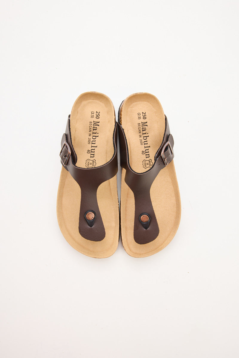 T-Strap Footbed Sandal - Brown