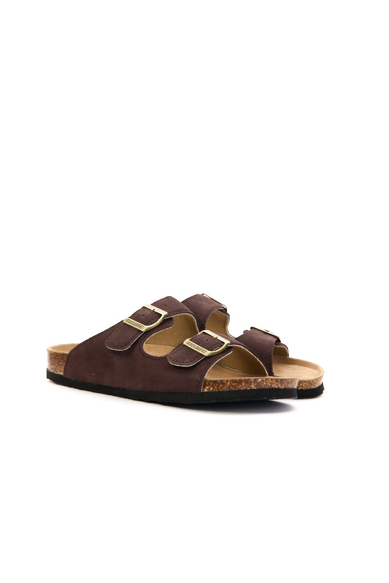 Double Strap Suede Footbed Sandal - Brown