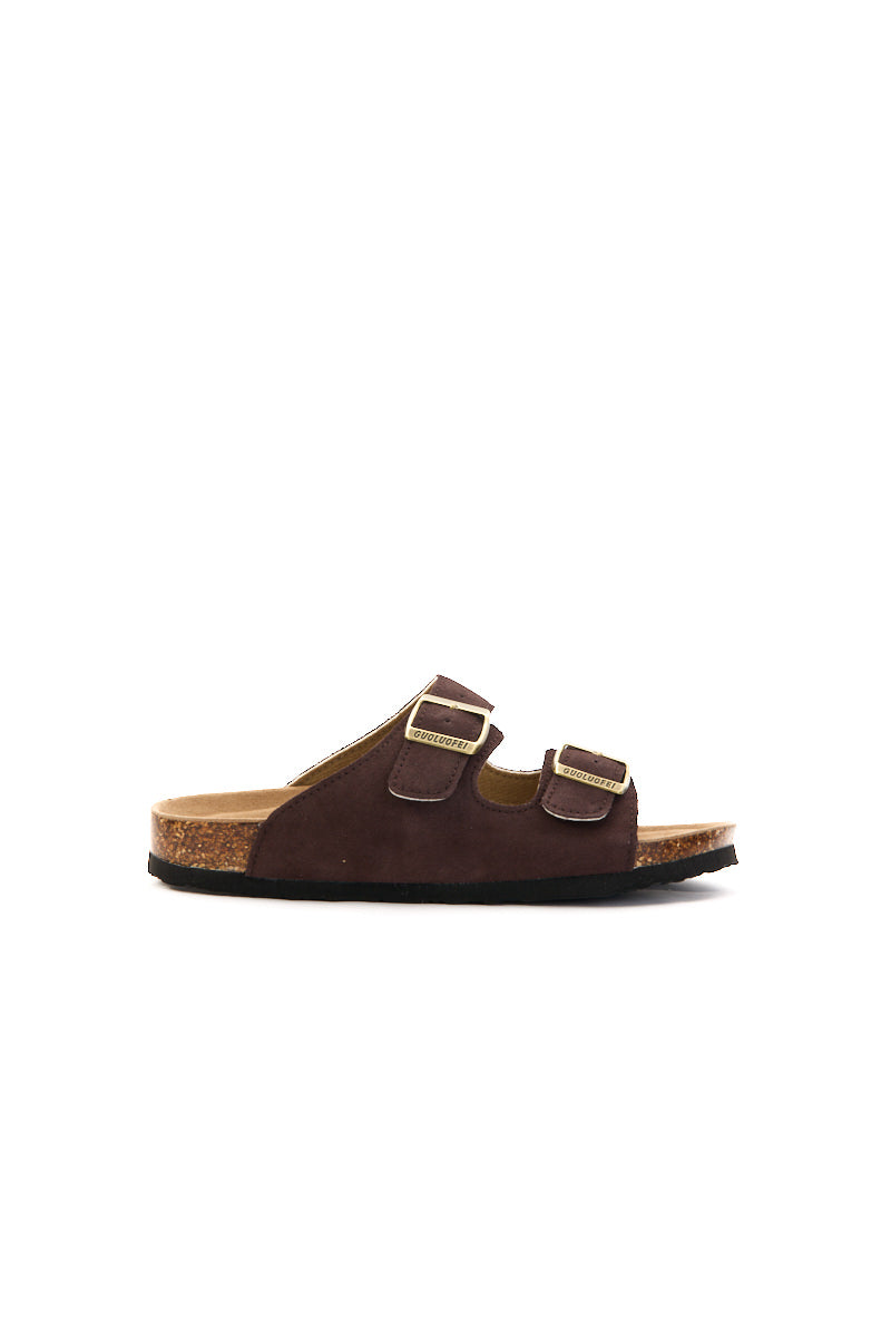Double Strap Suede Footbed Sandal - Brown