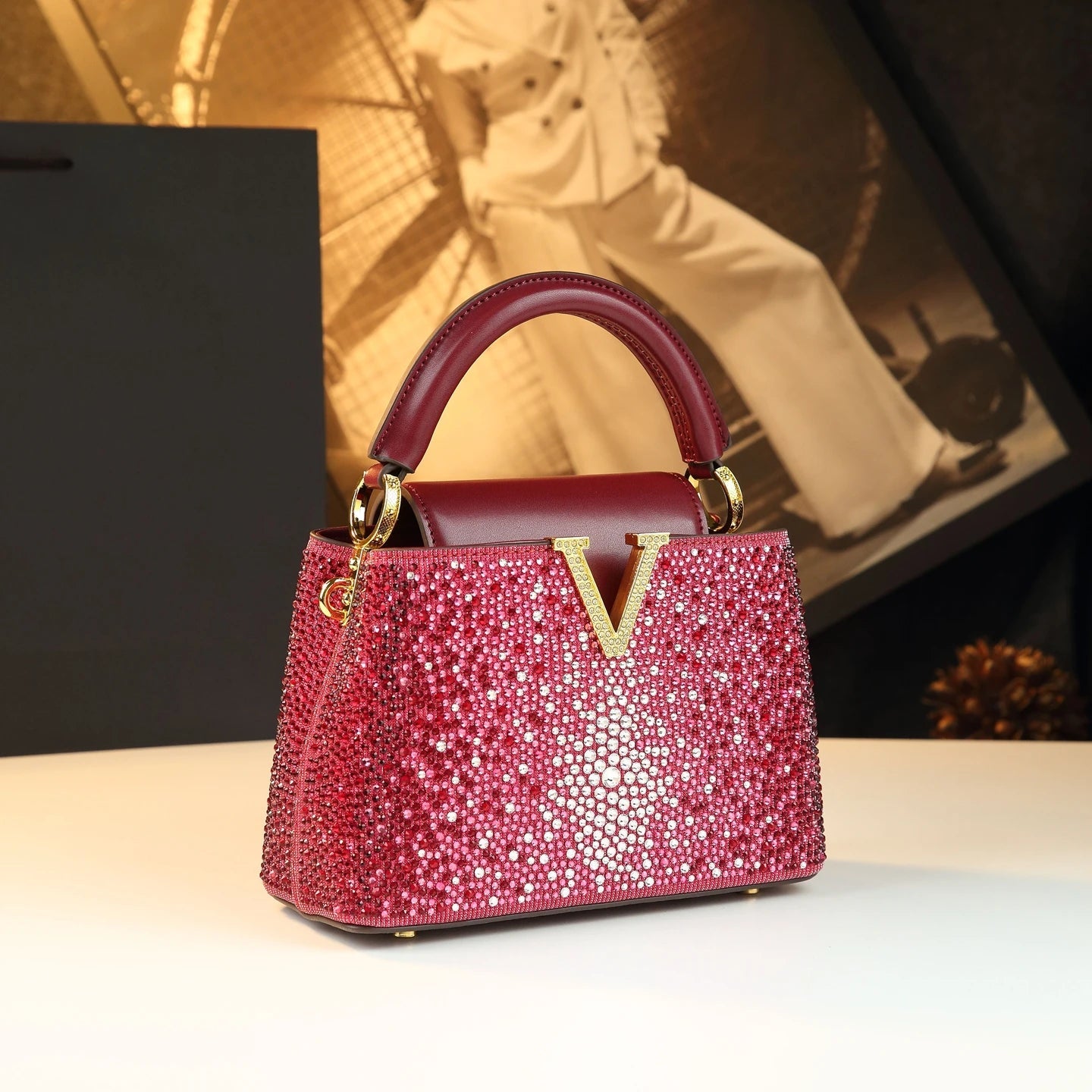 Genuine Leather V Letter Small Crossbody Bag - Diamonds Luxury Messenger Shell Bags