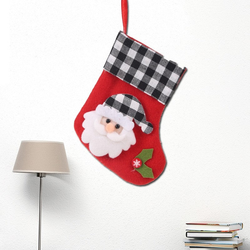 Black White Plaid Cute Cartoon Patchwork Christmas Sock Gift Bag