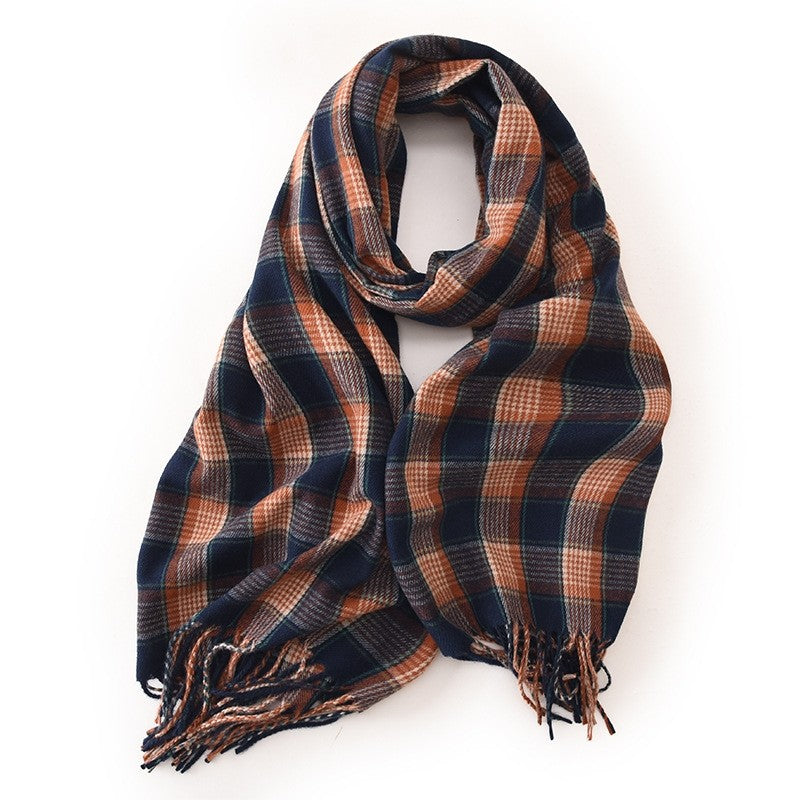 Unisex Contrast Color Plaid Tassel Warm Imitation Cashmere Scarf