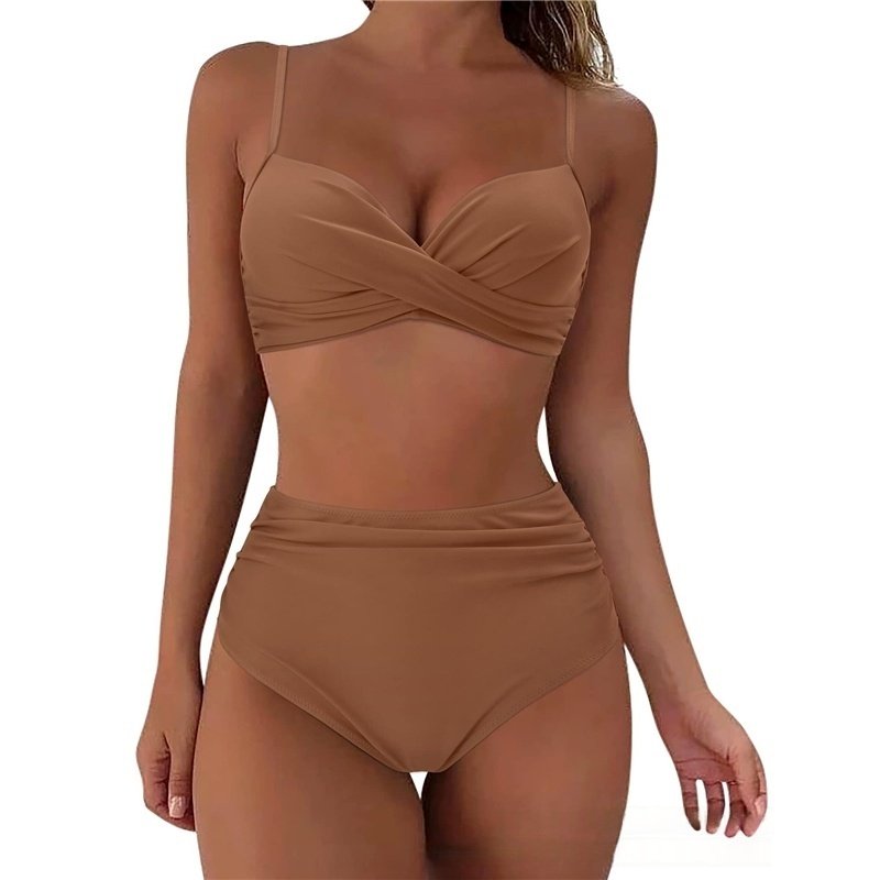 Cross-Back Bikini High-Waist Swimsuit Solid Color