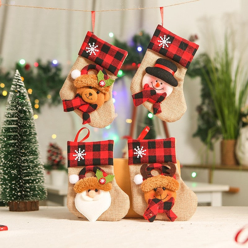 Red Black Plaid Ramie Cotton Patchwork Cute Cartoon Christmas Socks Gift Bag