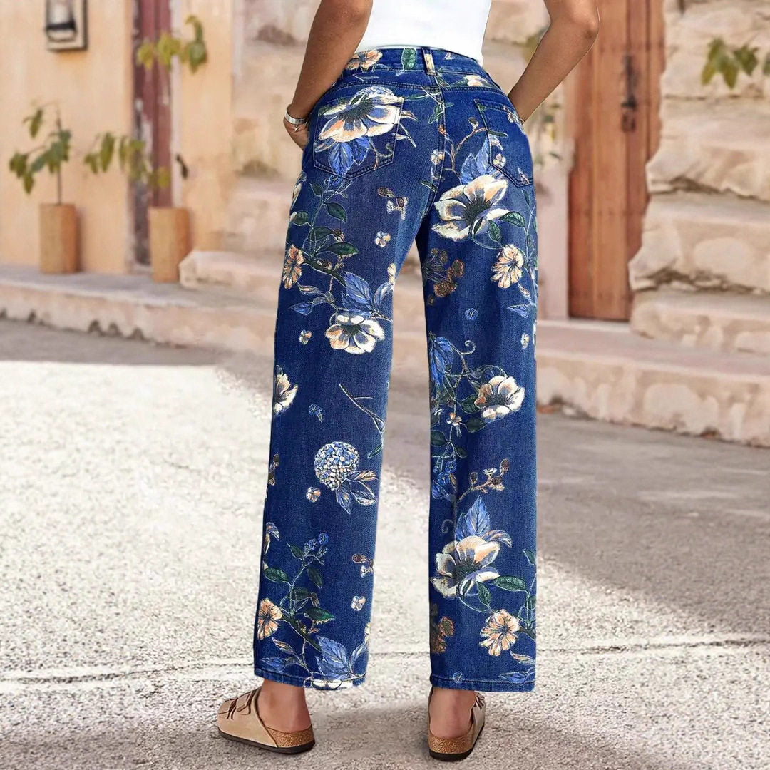 Floral Print High Waist Straight Leg Jeans