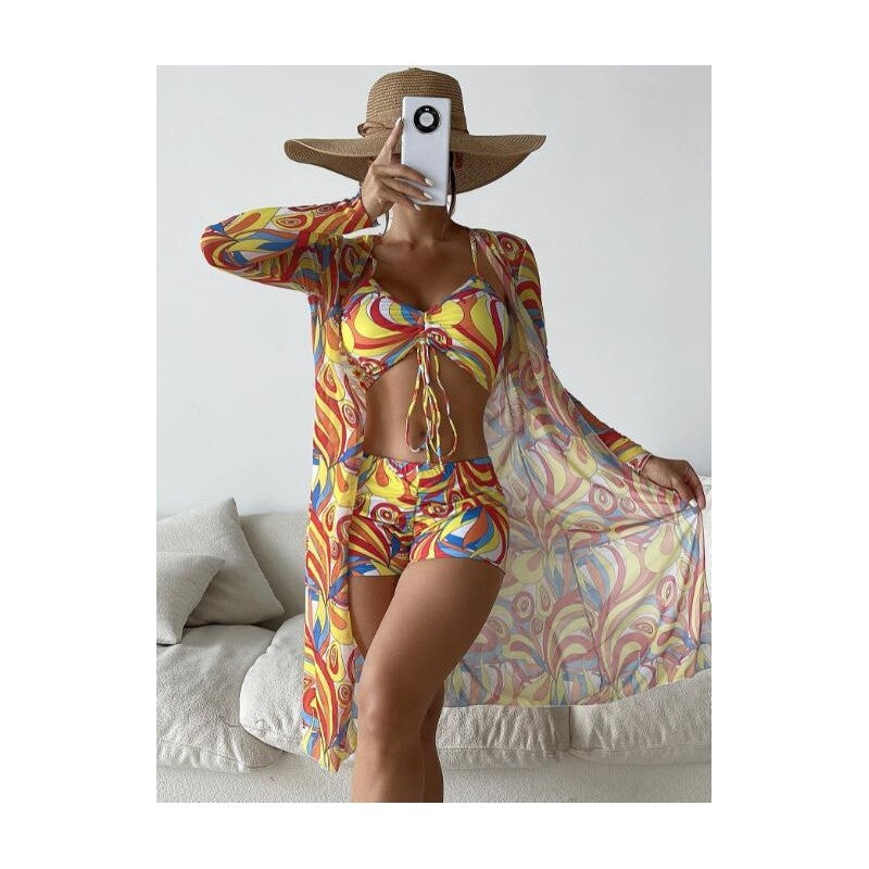 High Waist Long Sleeve Bikini Set With Cover Up And Drawstring Bottoms