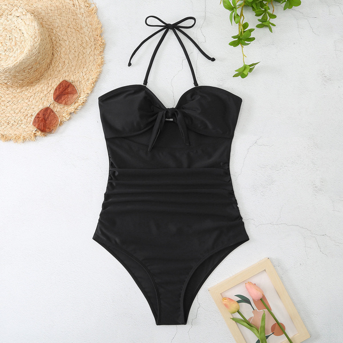 Women's Solid Color One-Piece Swimsuit With Front Knot
