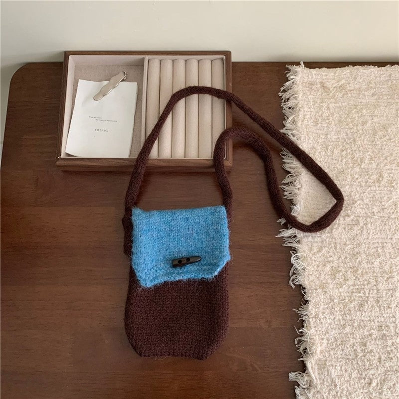 Color Block Horn Button Knit Shoulder Phone Bag
