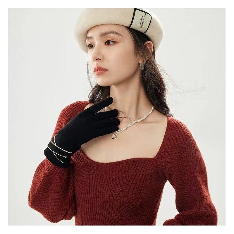 Ladies Cashmere Touchscreen Finger Embroidered Gloves