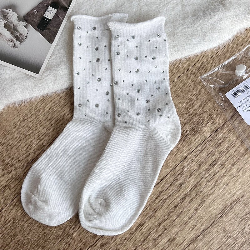 Solid Color Beaded Mid-Calf Pile Socks