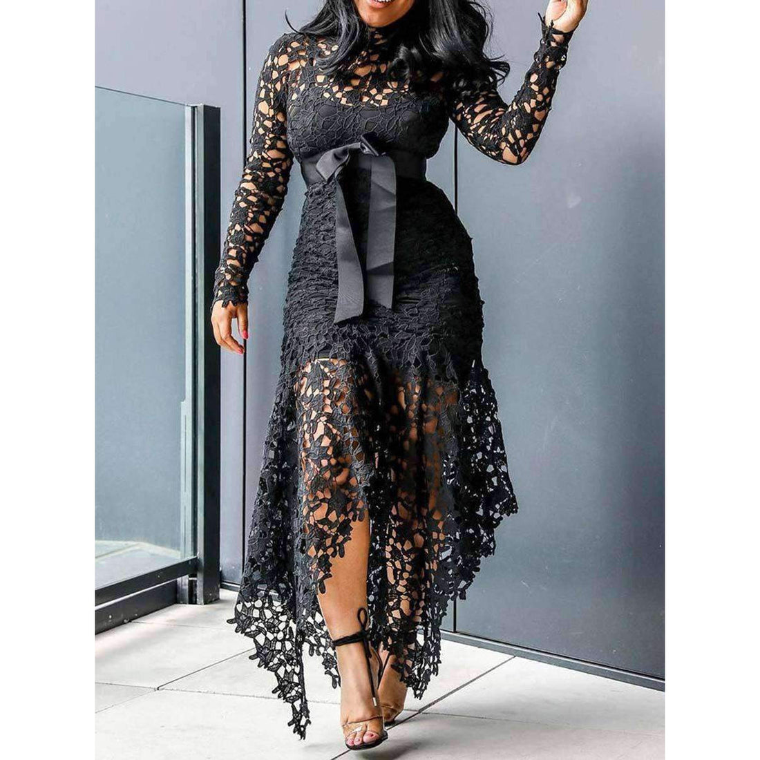 Sexy Hollow Lace Lace-Up Bowknot Asymmetric Long Sleeve Stand Collar Maxi Dresses-Maxi Dresses-Free Shipping at meselling99