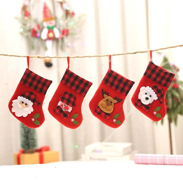 Red Black Plaid Patchwork Cute Cartoon Christmas Socks Gift Bag