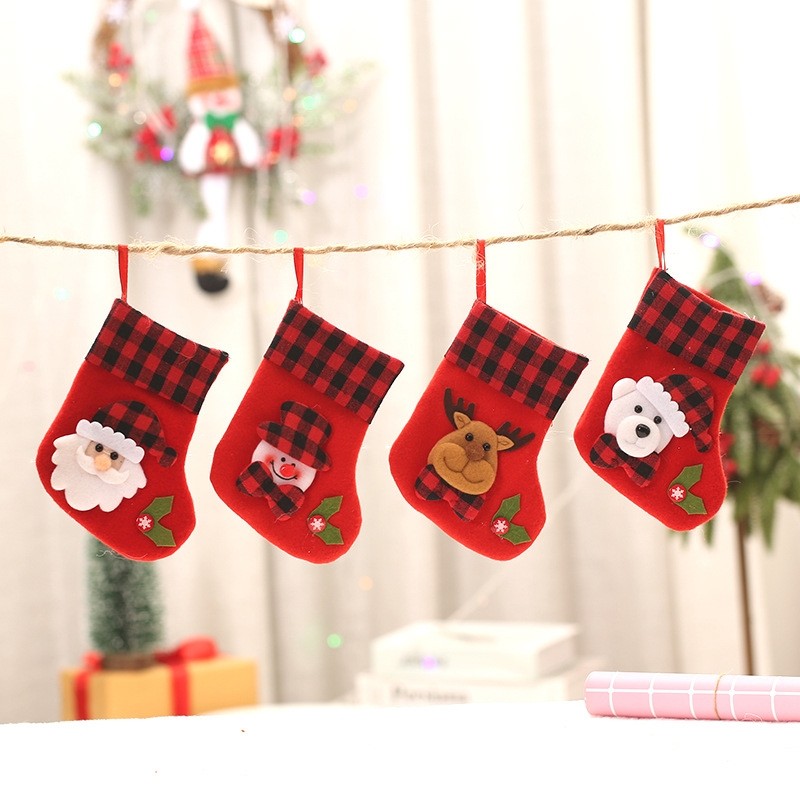 Red Black Plaid Patchwork Cute Cartoon Christmas Socks Gift Bag