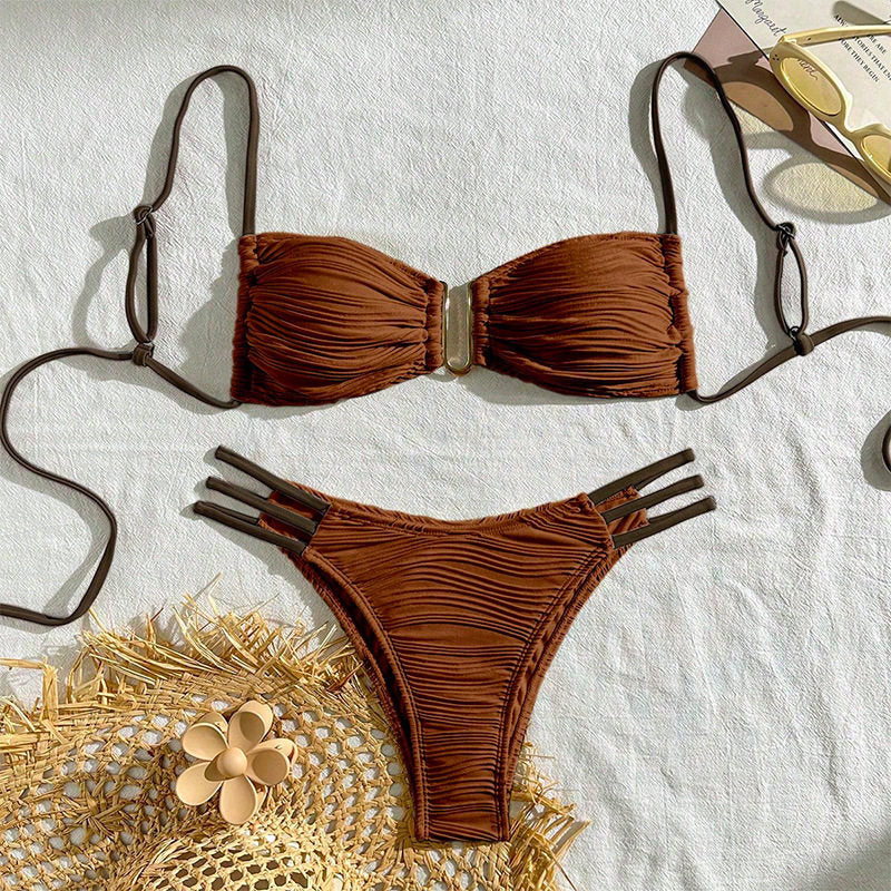 Bikini Swimsuit For Women, Two-Piece With Color Block And Ties