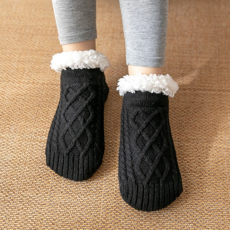 Adults Solid Color Knitted Fleece Lining Thick Warm Non-Slip Indoor Socks