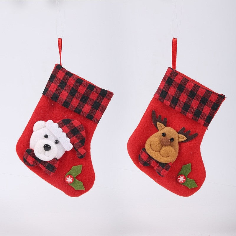 Red Black Plaid Patchwork Cute Cartoon Christmas Socks Gift Bag