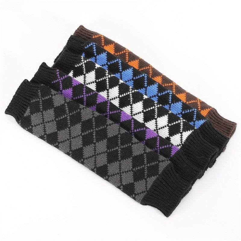 Long Color Block Rhombus Open Finger Knit Gloves