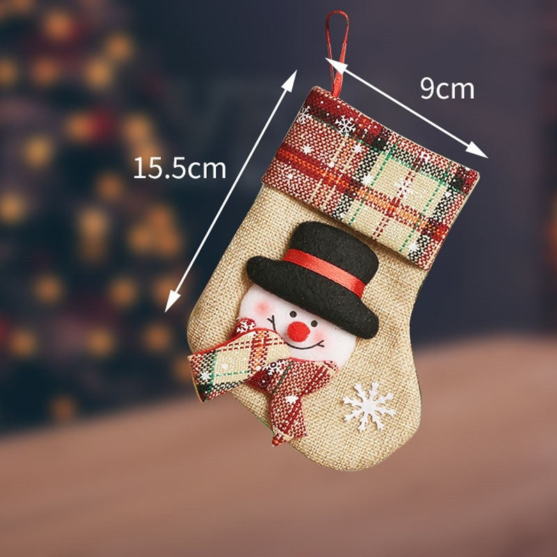 Contrast Color Plaid Cute Cartoon Christmas Socks Gift Bag