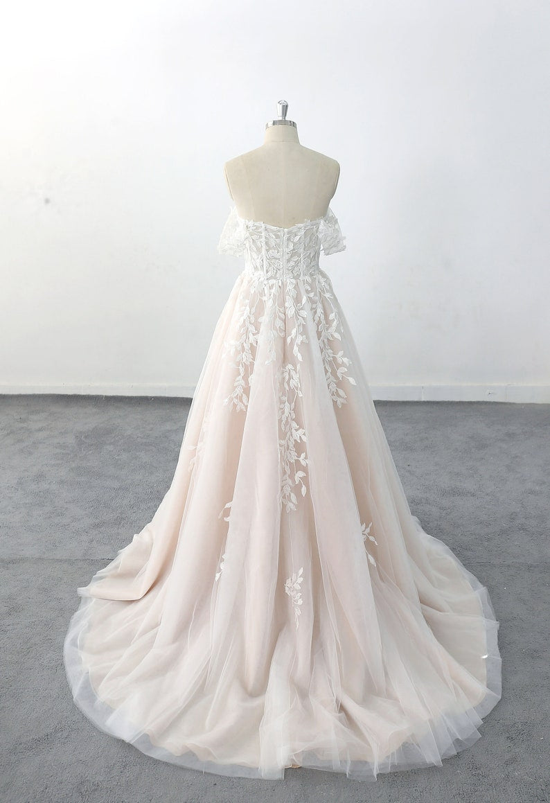 Romantic Nude Lined Off-Shoulder Wedding Dresses