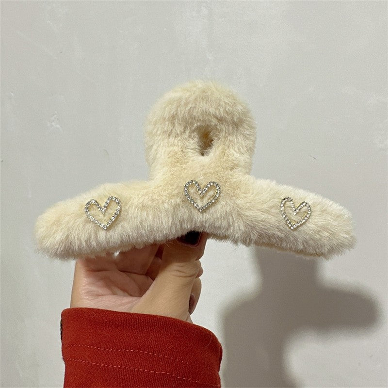 Rhinestone Heart Furry Hair Claw Clip