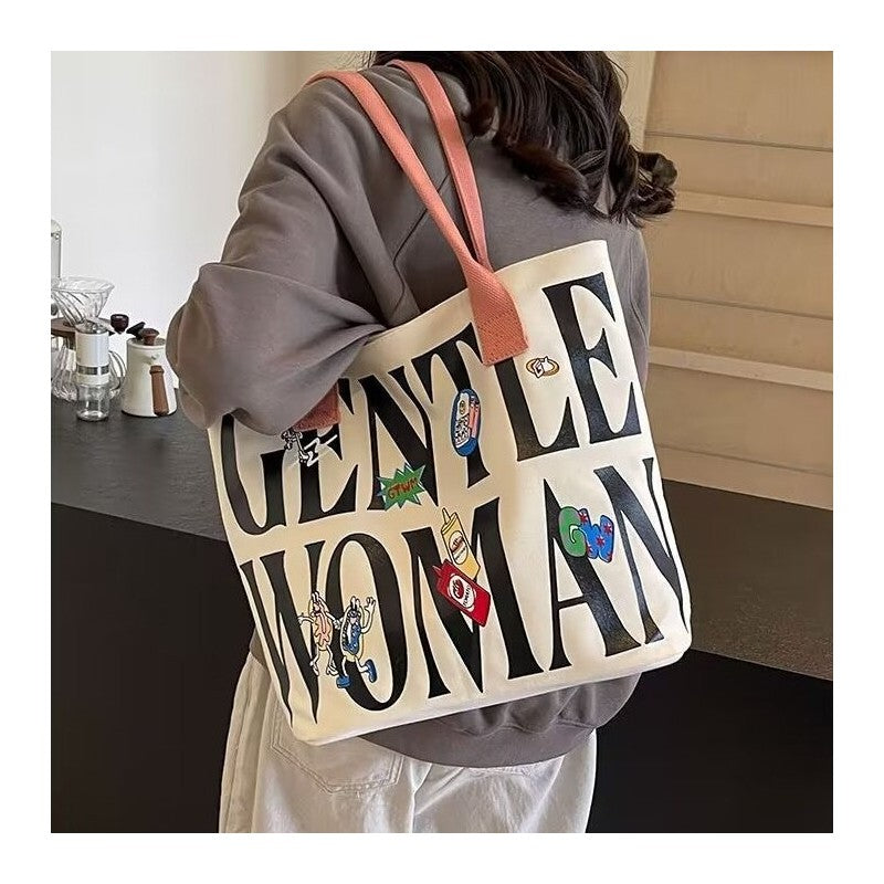 Large Capacity Canvas Shoulder Bag With Cute Cartoon Print