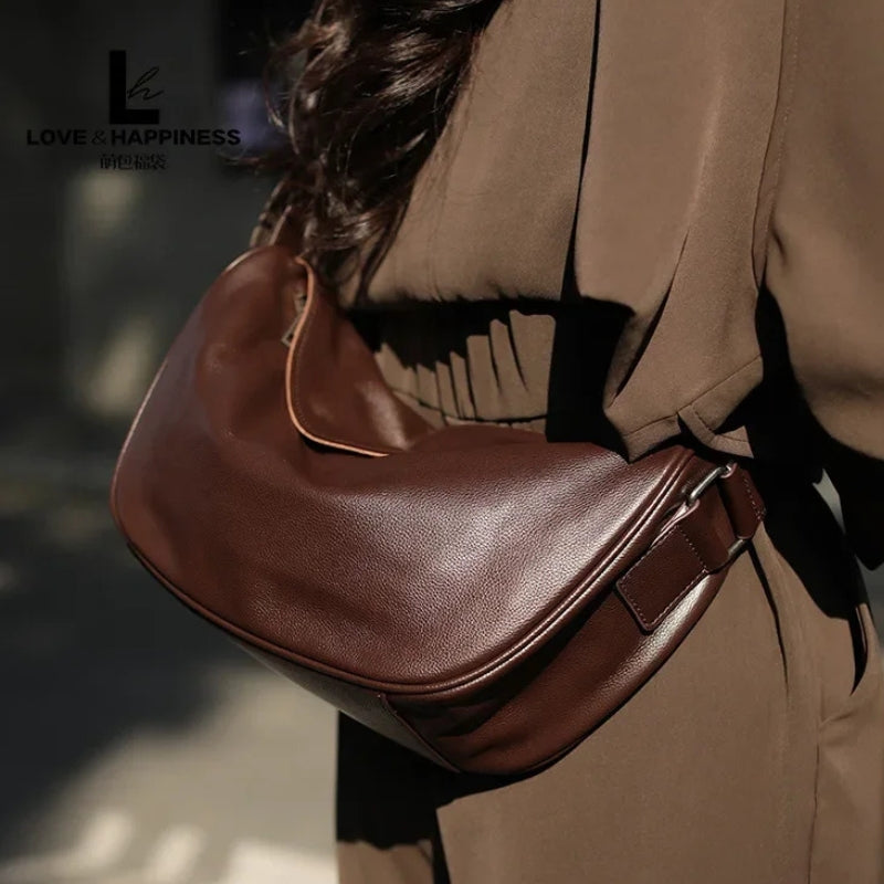 Cowhide Leather Retro Fashion Saddle Bag - Crossbody Luxury Handbag