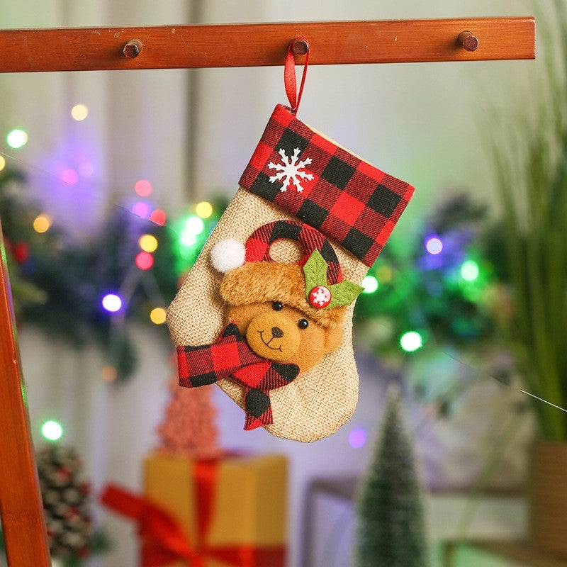 Red Black Plaid Ramie Cotton Patchwork Cute Cartoon Christmas Socks Gift Bag