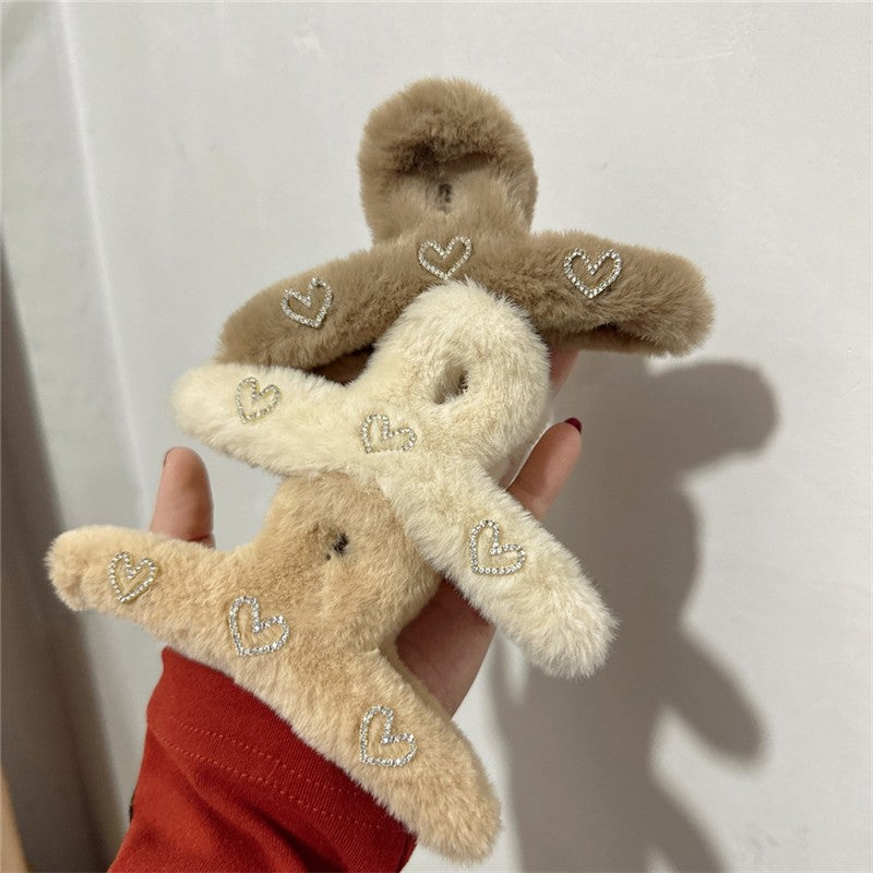 Rhinestone Heart Furry Hair Claw Clip