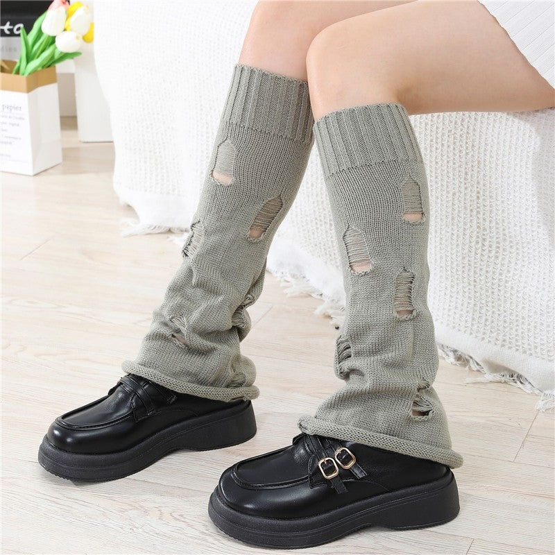 Solid Color Ripped Knit Bell Bottom Socks