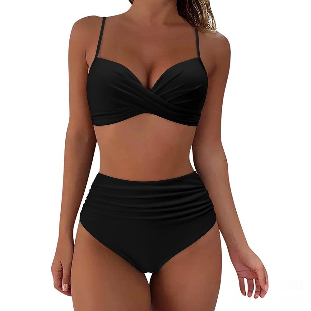 Cross-Back Bikini High-Waist Swimsuit Solid Color