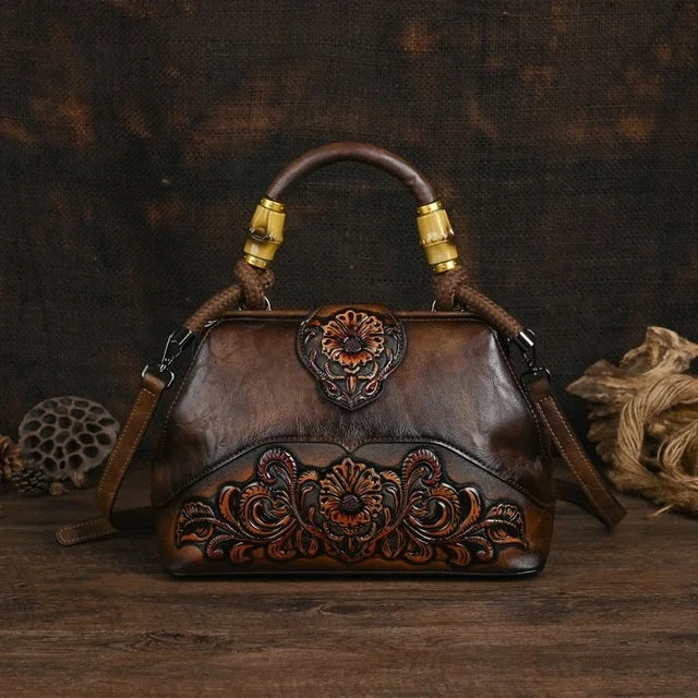 Women Leather Handmade Luxury Shoulder Handbag - Vintage Carved Ladies Bag