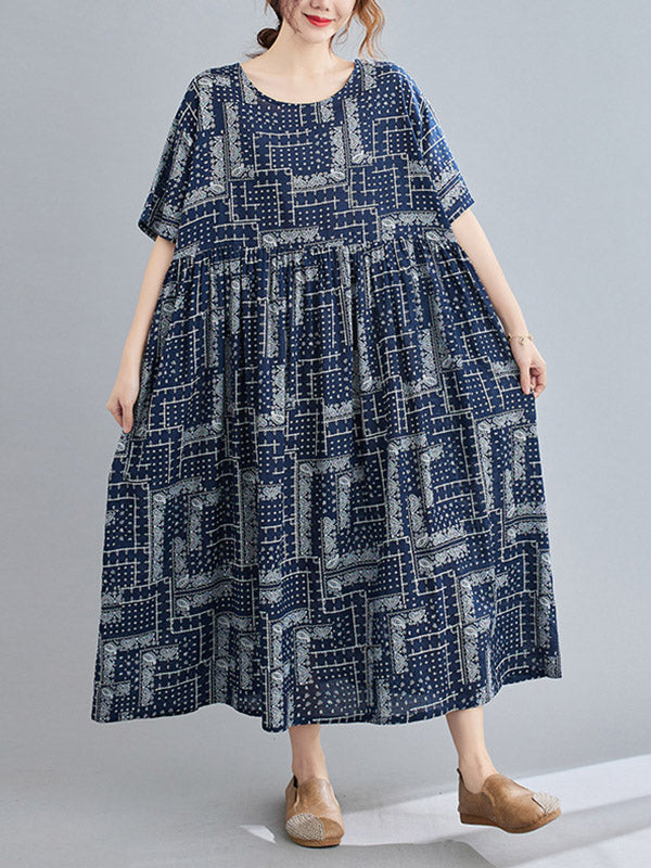 Navy BLUE Artistic Retro Short Sleeve Round-Neck Loose Long Dresses-Maxi Dreses-One Size-Navy Blue-Free Shipping at meselling99