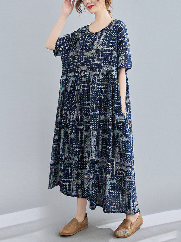 Navy BLUE Artistic Retro Short Sleeve Round-Neck Loose Long Dresses-Maxi Dreses-One Size-Navy Blue-Free Shipping at meselling99