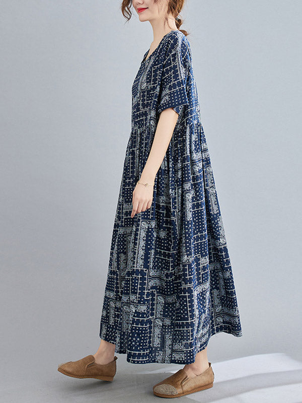 Navy BLUE Artistic Retro Short Sleeve Round-Neck Loose Long Dresses-Maxi Dreses-One Size-Navy Blue-Free Shipping at meselling99