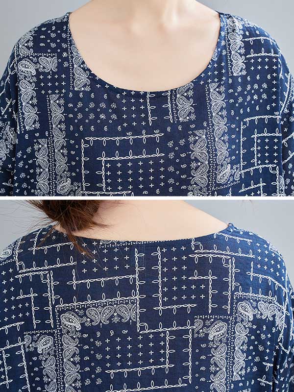 Navy BLUE Artistic Retro Short Sleeve Round-Neck Loose Long Dresses-Maxi Dreses-One Size-Navy Blue-Free Shipping at meselling99