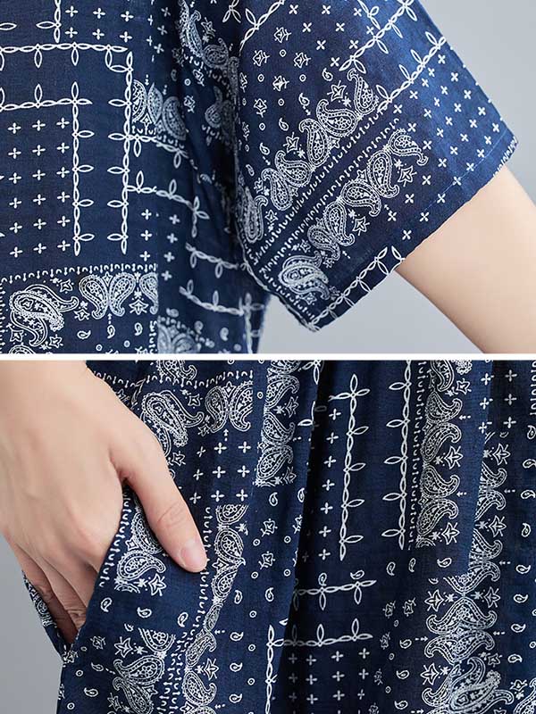 Navy BLUE Artistic Retro Short Sleeve Round-Neck Loose Long Dresses-Maxi Dreses-One Size-Navy Blue-Free Shipping at meselling99